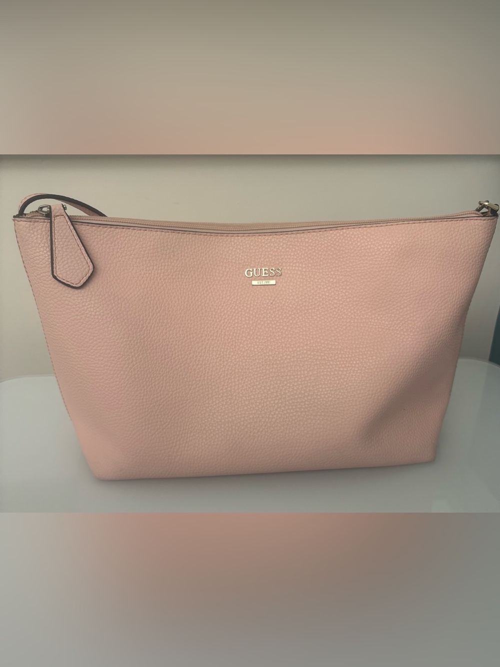 GUESS Blush Pink Pebbled Cosmetic Pouch with Gold Logo